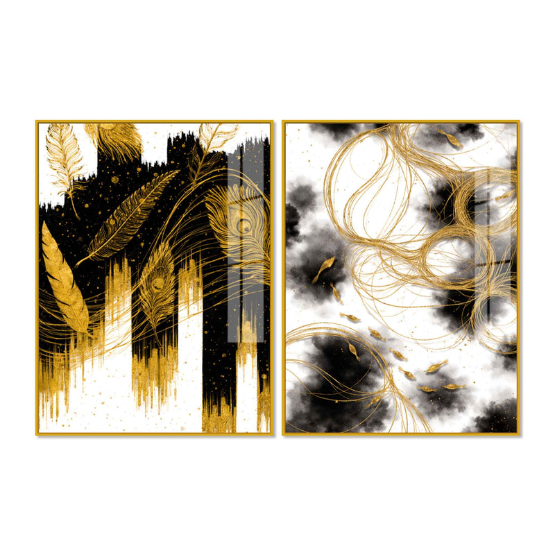 Luxury Peacock Feather Inspired Abstract Acrylic Floating Wall Painting Set of 2
