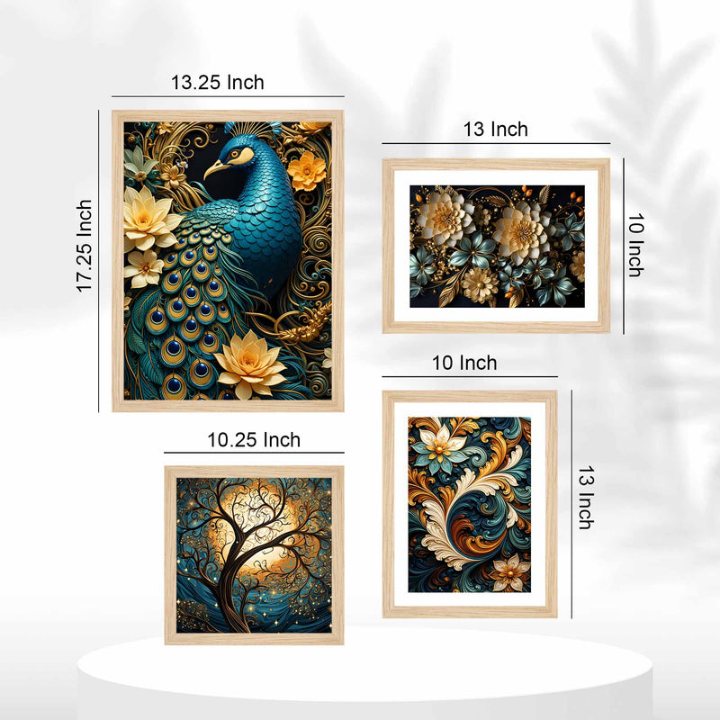 Luxury Peacock Wall Decor with Floral Art Frame Set of Four