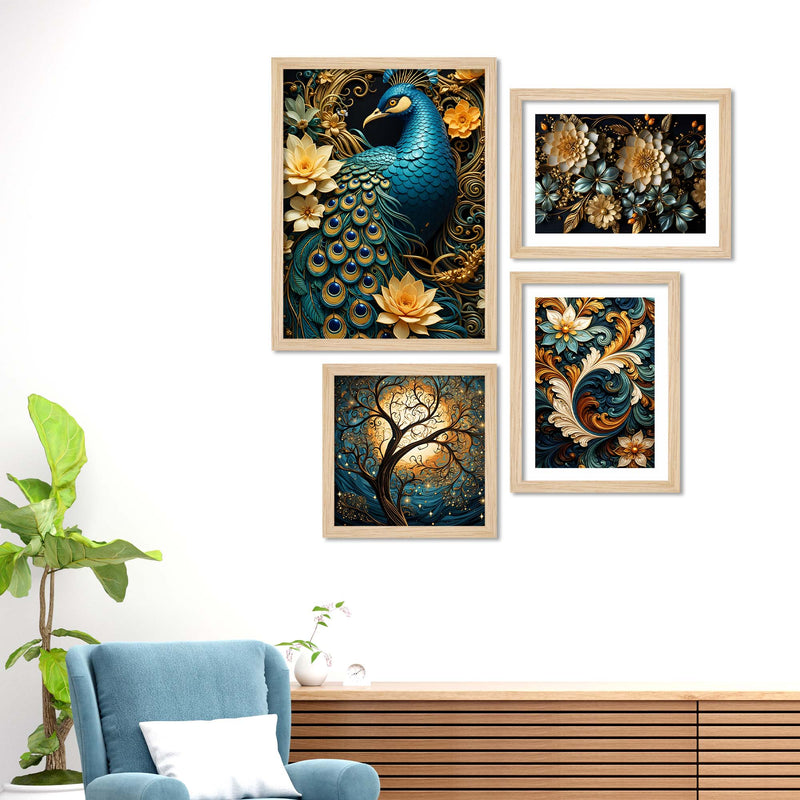 Luxury Peacock Wall Decor with Floral Art Frame Set of Four