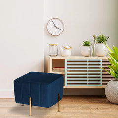 Luxury Pouffe Stool Ottoman in Soft Rich Blue with Golden Touch