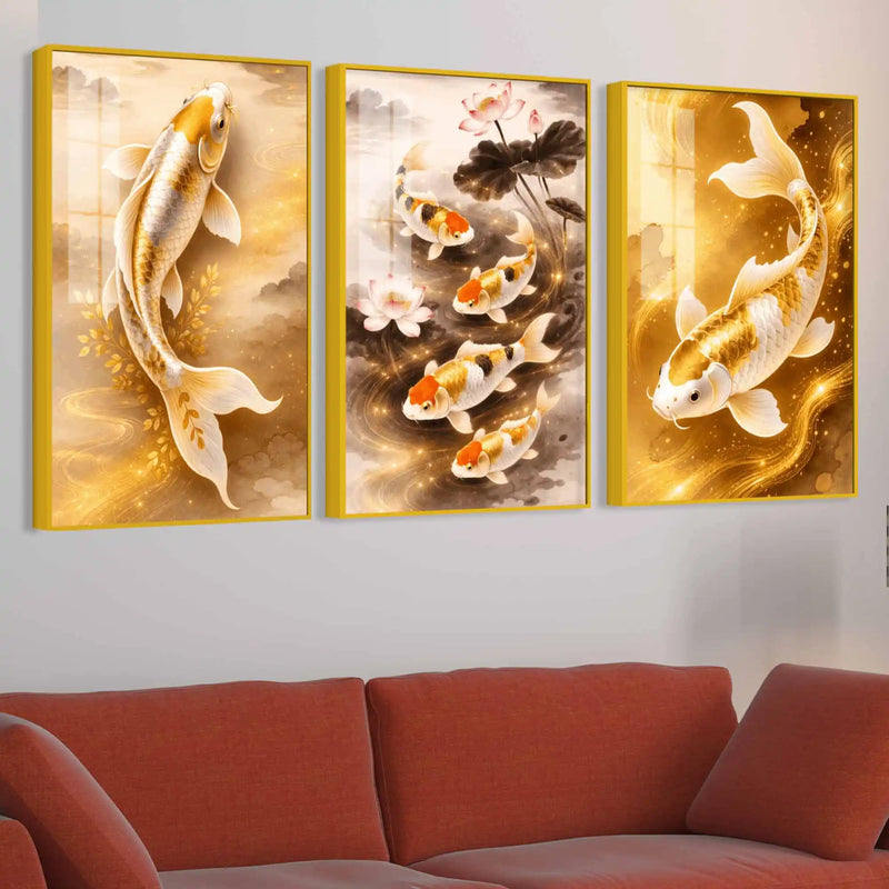 Luxury Prosperity Koi Fish Floating Acrylic Painting Set of 3