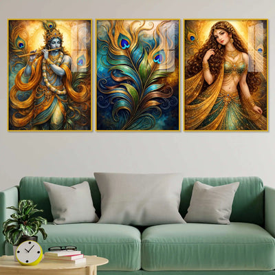 Luxury Radha Krishna Triptych Art Acrylic Floating Wall Painting Set of 3
