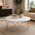Luxury Round Center Table with White Top and Gold Honeycomb Frame