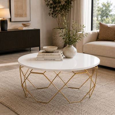 Luxury Round Center Table with White Top and Gold Honeycomb Frame