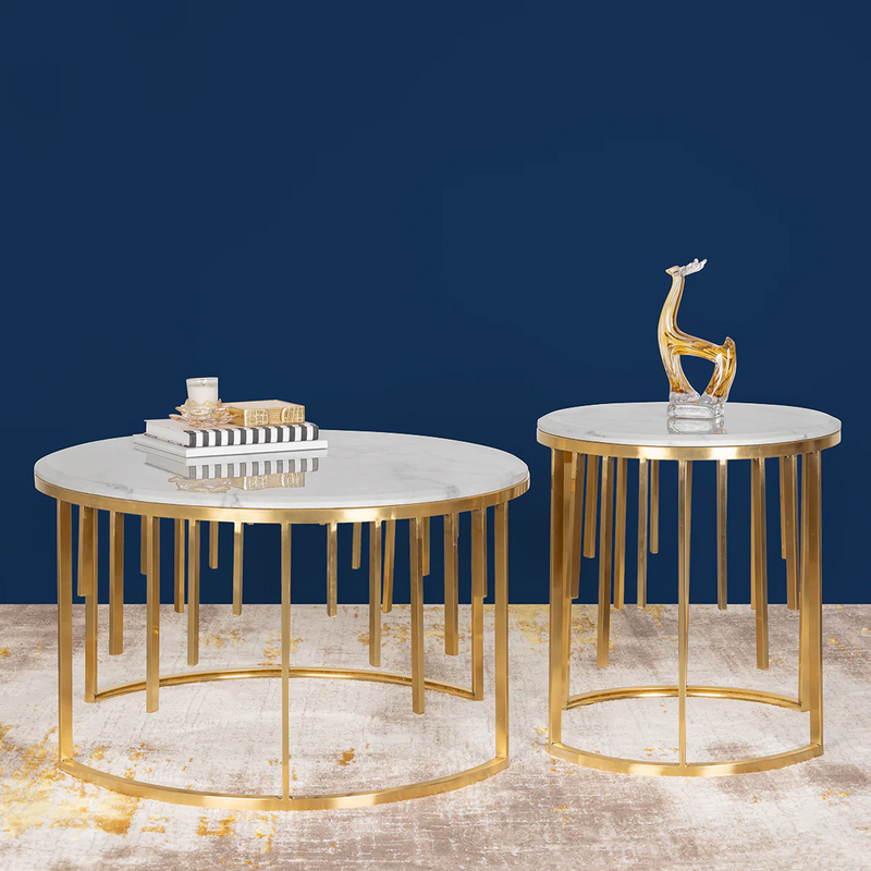Luxury Round Marble Nesting Coffee Tables with Gold Metal Base