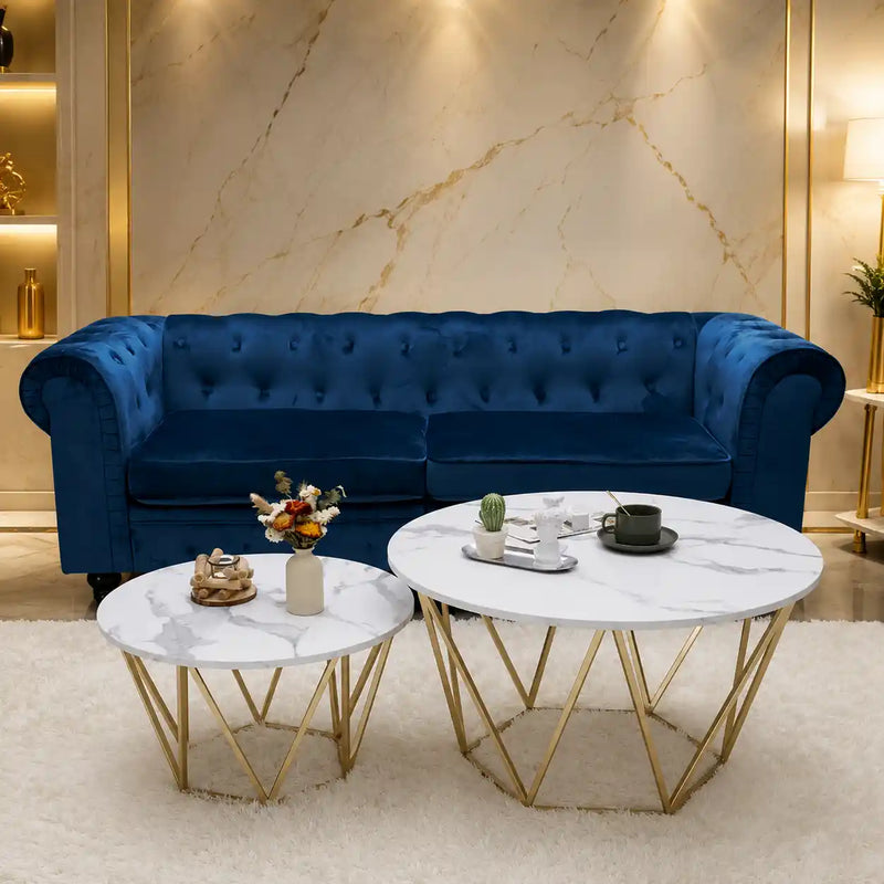 Luxury Round Marble Top Metal Coffee Table Duo