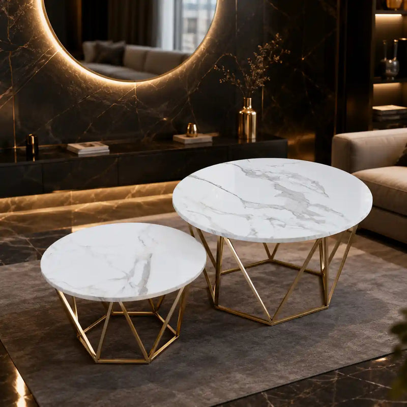 Luxury Round Marble Top Metal Coffee Table Duo