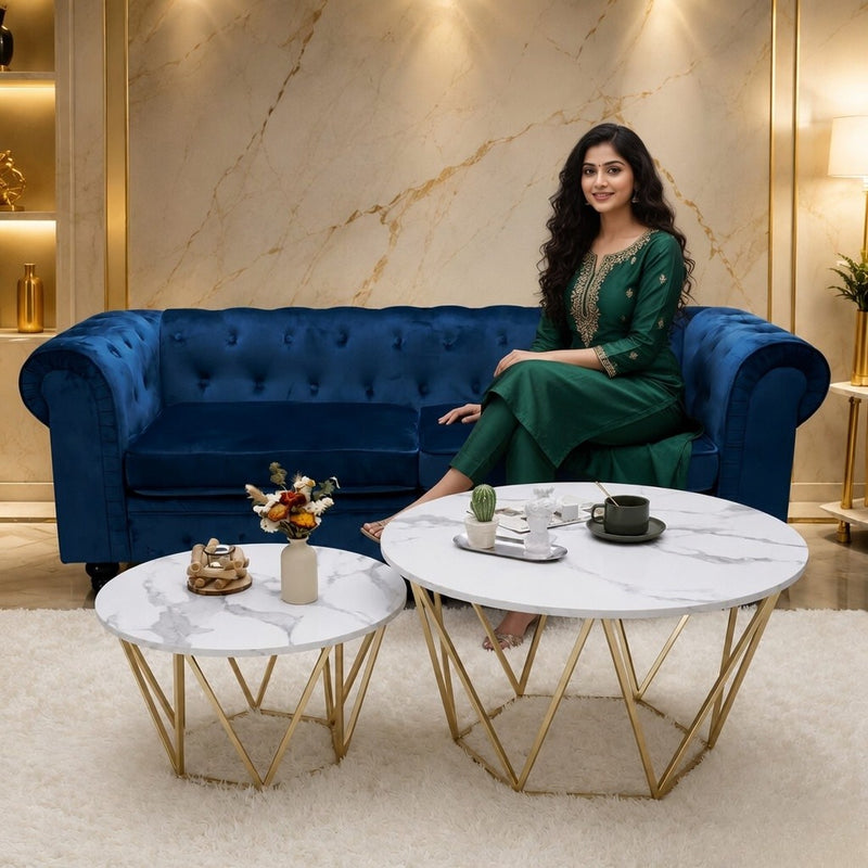 Luxury Round Marble Top Metal Coffee Table Duo