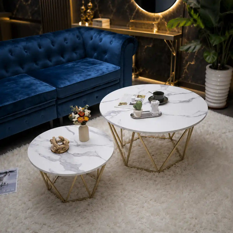 Luxury Round Marble Top Metal Coffee Table Duo