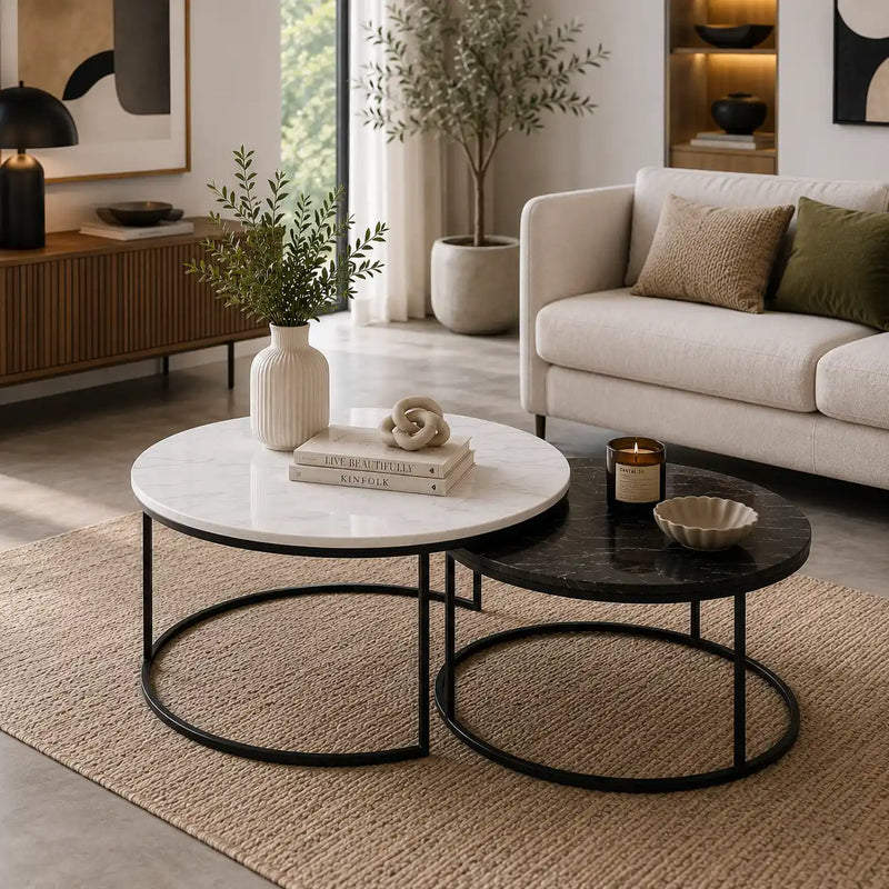 Luxury Round Nesting Coffee Table Set with Marble Top