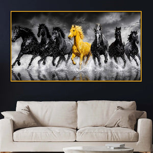 Luxury Seven Horses Floating Frame Crystal Wall Painting for Living Room