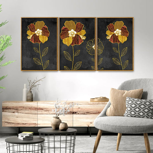 Luxury Style Flower Premium Floating Canvas Wall Painting Set of Three