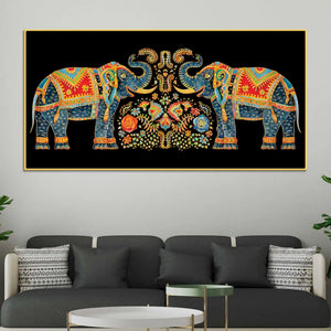 Luxury Twin Elephant Traditional Indian Pattern Canvas Wall Painting