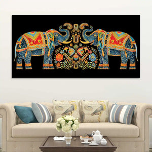 Luxury Twin Elephant Traditional Indian Pattern Canvas Wall Painting