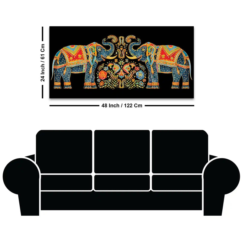 Luxury Twin Elephant Traditional Indian Pattern Canvas Wall Painting
