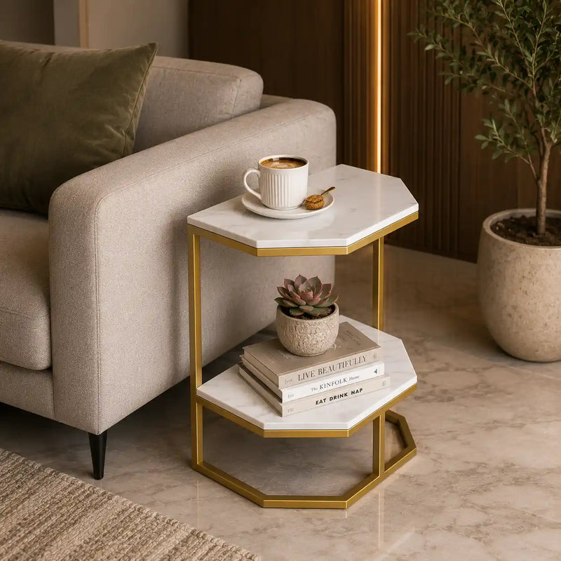 Luxury Two Tier Side Table with White Marble Top and Gold Frame