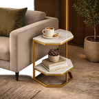 Luxury Two Tier Side Table with White Marble Top and Gold Frame