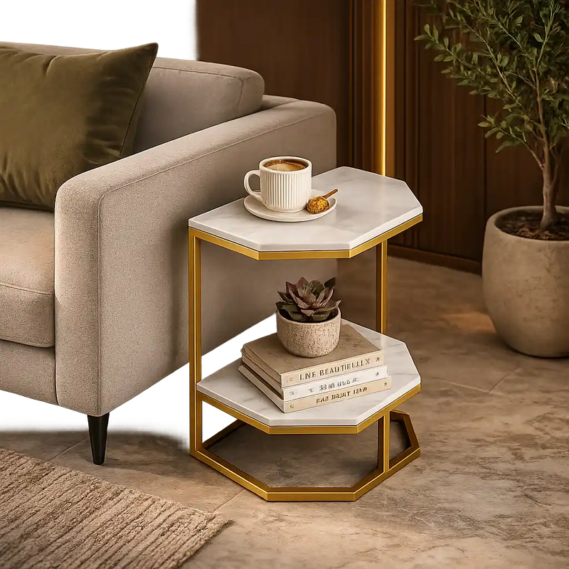 Luxury Two Tier Side Table with White Marble Top and Gold Frame