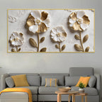 Luxury White and Golden Bloom Floral 3D Effect Canvas Wall Painting