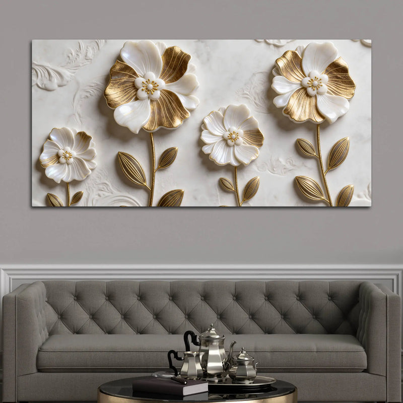 Luxury White and Golden Bloom Floral 3D Effect Canvas Wall Painting