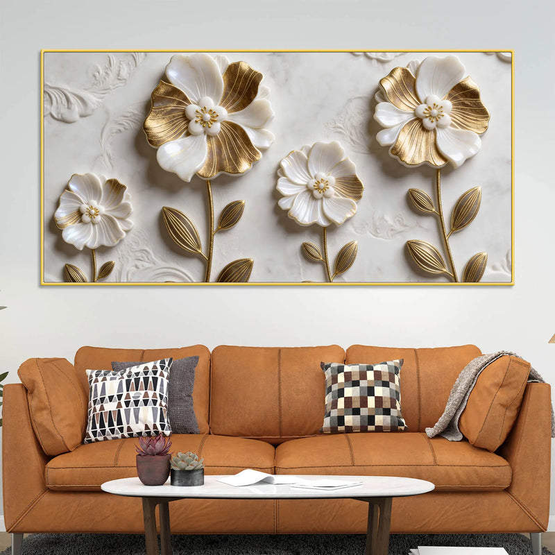 Luxury White and Golden Bloom Floral 3D Effect Canvas Wall Painting