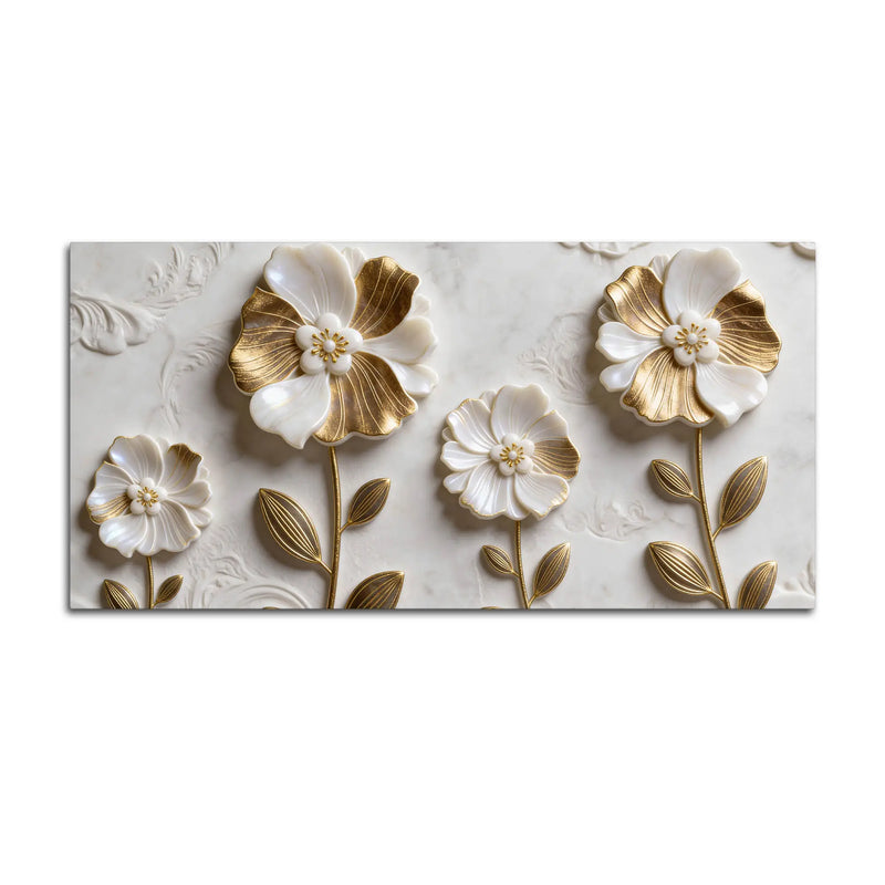 Luxury White and Golden Bloom Floral 3D Effect Canvas Wall Painting