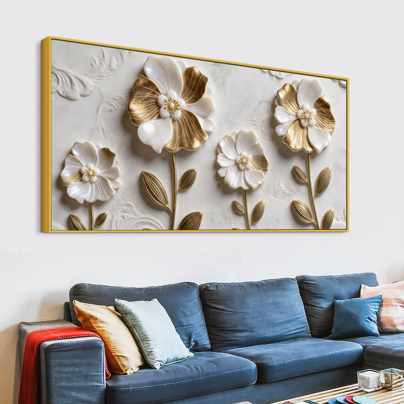 Luxury White and Golden Bloom Floral 3D Effect Canvas Wall Painting