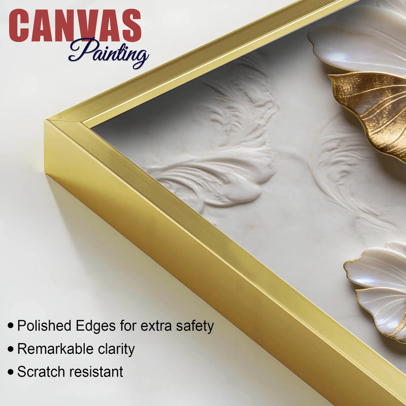 Luxury White and Golden Bloom Floral 3D Effect Canvas Wall Painting