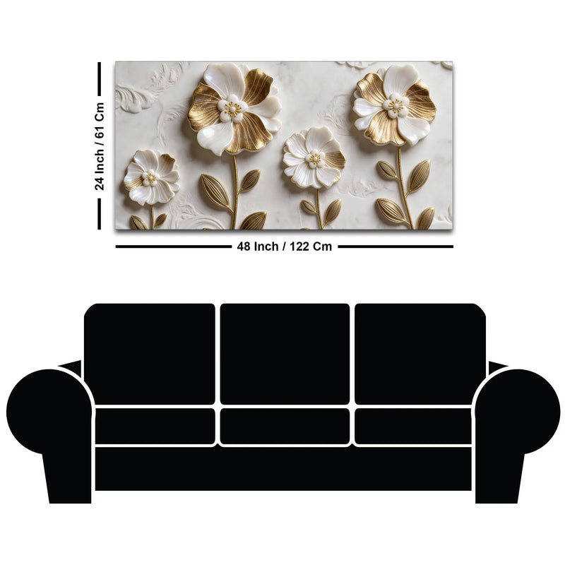 Luxury White and Golden Bloom Floral 3D Effect Canvas Wall Painting