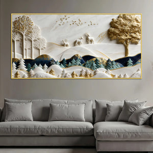 Luxury White and Golden Deer Forest Landscape 3D Canvas Wall Painting