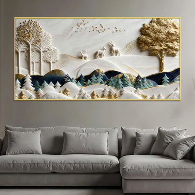Luxury White and Golden Deer Forest Landscape 3D Canvas Wall Painting