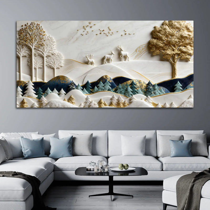 Luxury White and Golden Deer Forest Landscape 3D Canvas Wall Painting