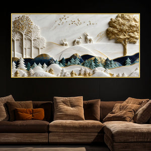Luxury White and Golden Deer Forest Landscape 3D Canvas Wall Painting