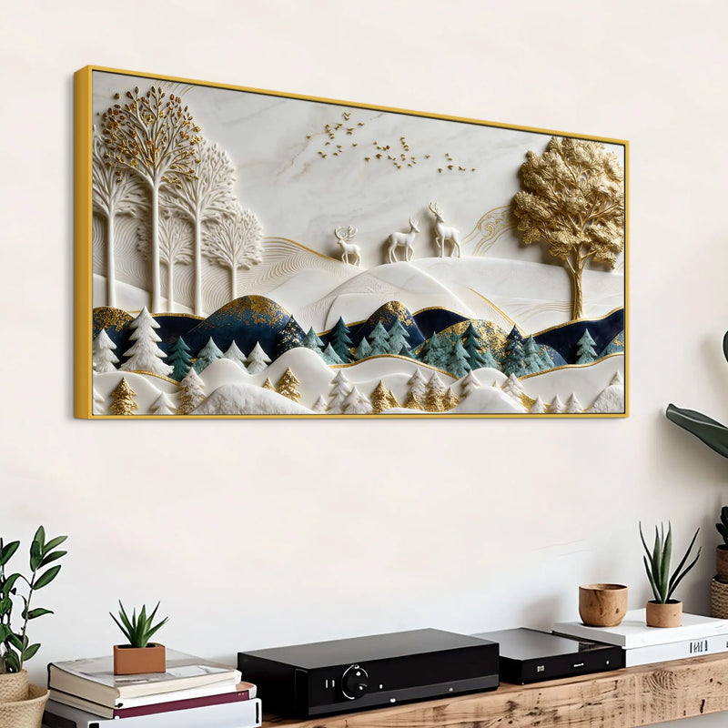 Luxury White and Golden Deer Forest Landscape 3D Canvas Wall Painting