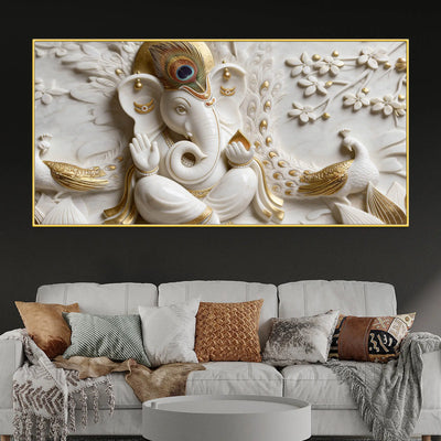 Luxury White and Golden Lord Ganesha with Peacock 3D Canvas Wall Painting
