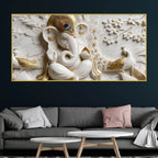 Luxury White and Golden Lord Ganesha with Peacock 3D Effect Canvas Wall Painting
