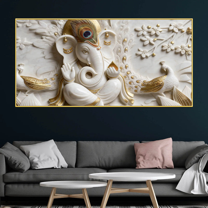 Luxury White and Golden Lord Ganesha with Peacock 3D Effect Canvas Wall Painting