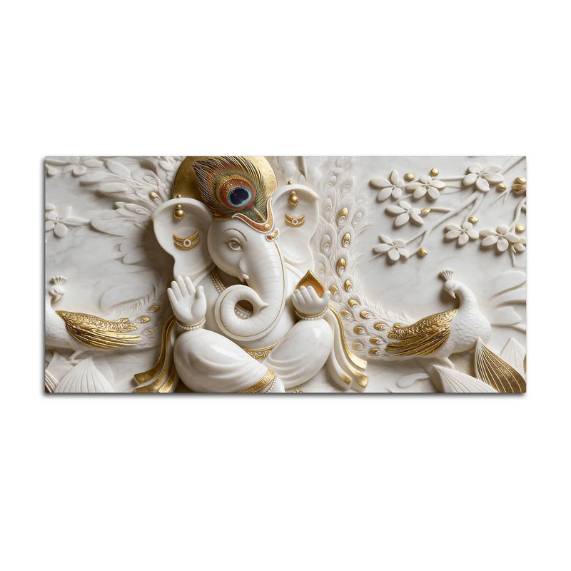Luxury White and Golden Lord Ganesha with Peacock 3D Effect Canvas Wall Painting
