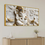 Luxury White and Golden Lord Ganesha with Peacock 3D Effect Canvas Wall Painting