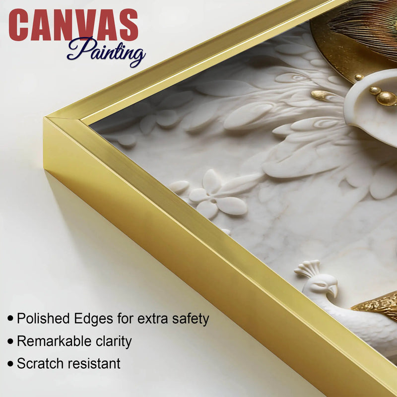 Luxury White and Golden Lord Ganesha with Peacock 3D Effect Canvas Wall Painting