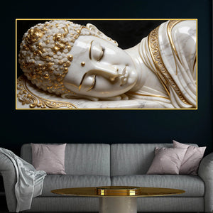 Luxury White and Golden Reclining Buddha 3D Effect Canvas Wall Painting