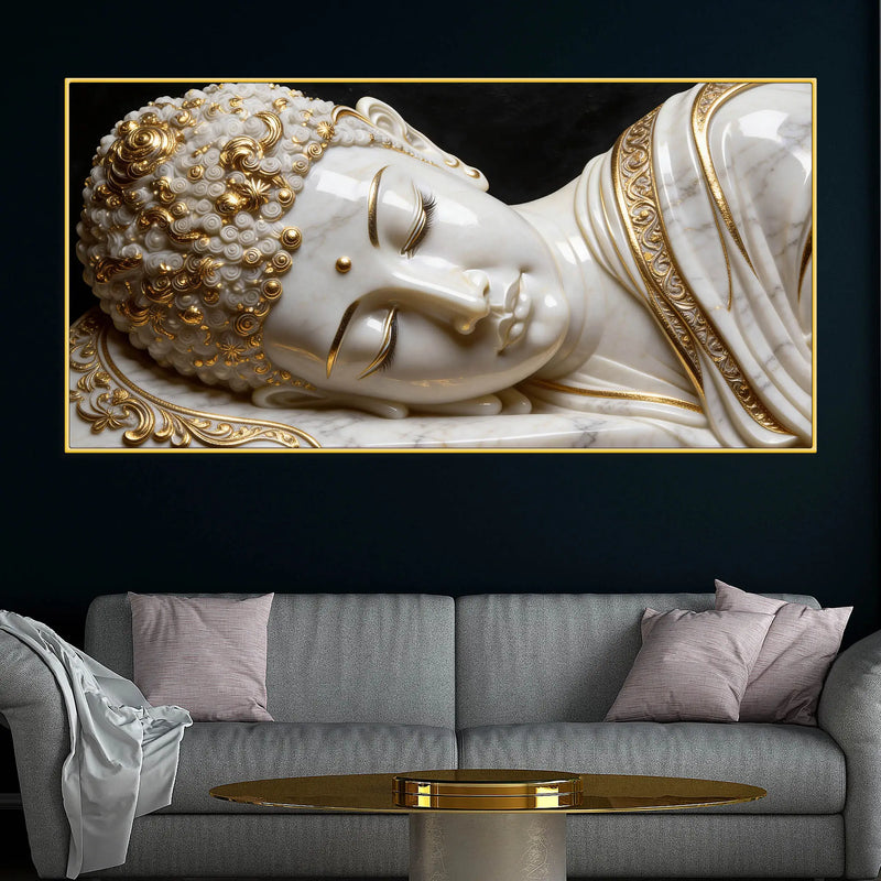Luxury White and Golden Reclining Buddha 3D Effect Canvas Wall Painting