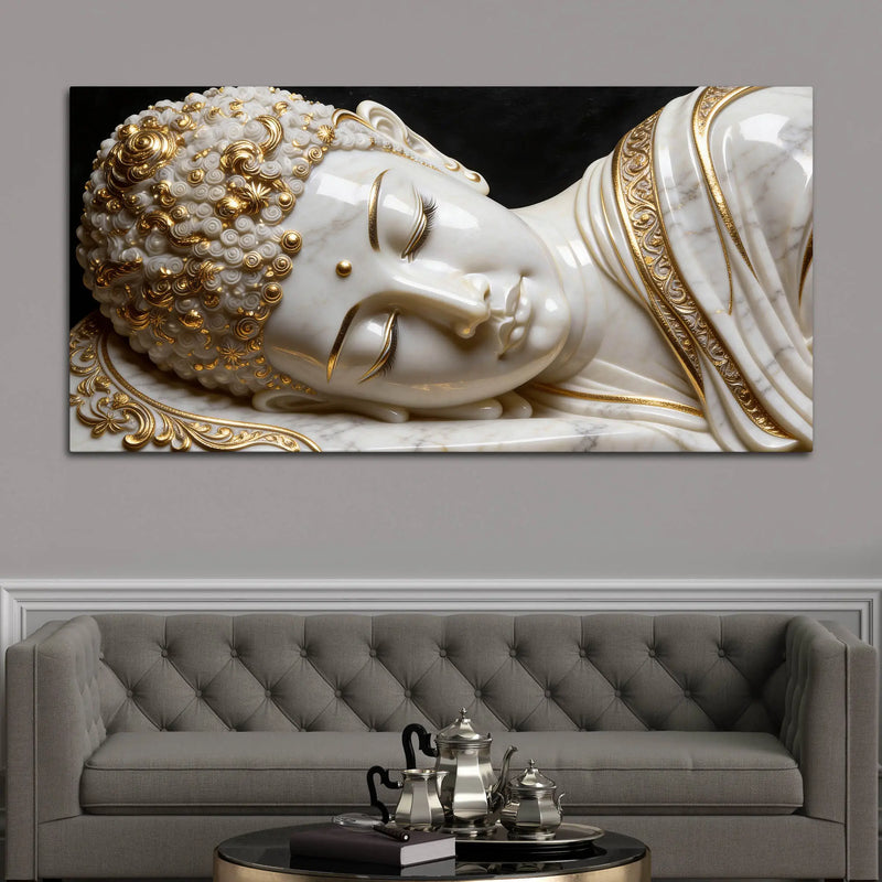 Luxury White and Golden Reclining Buddha 3D Effect Canvas Wall Painting