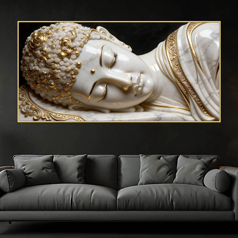 Luxury White and Golden Reclining Buddha 3D Effect Canvas Wall Painting