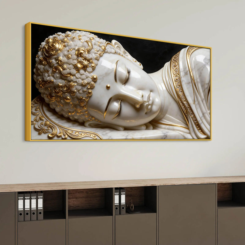 Luxury White and Golden Reclining Buddha 3D Effect Canvas Wall Painting