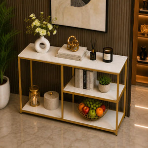 Luxury White Faux Marble Golden Finish Console Table