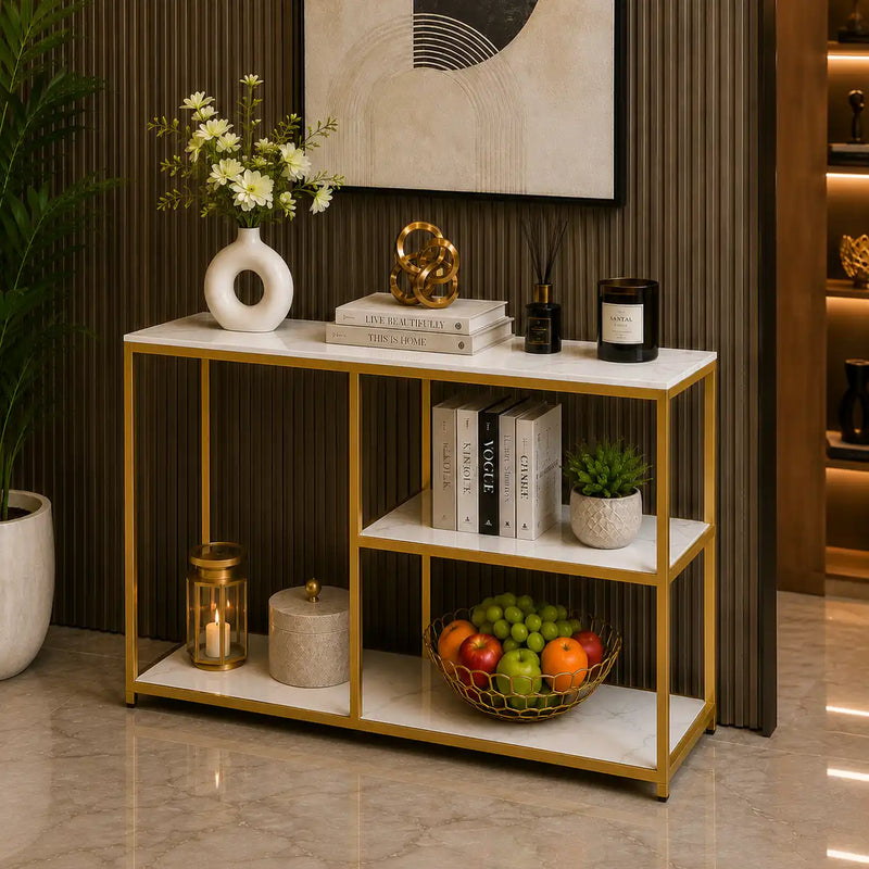 Luxury White Faux Marble Golden Finish Console Table