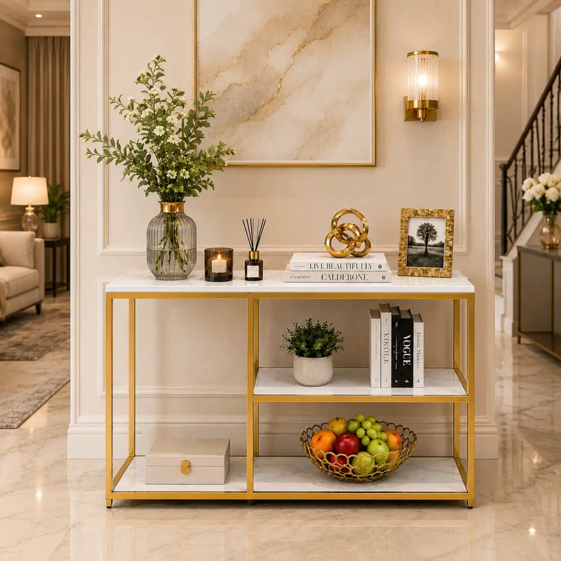 Luxury White Faux Marble Golden Finish Console Table