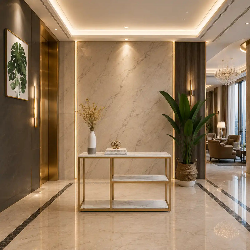 Luxury White Faux Marble Golden Finish Console Table