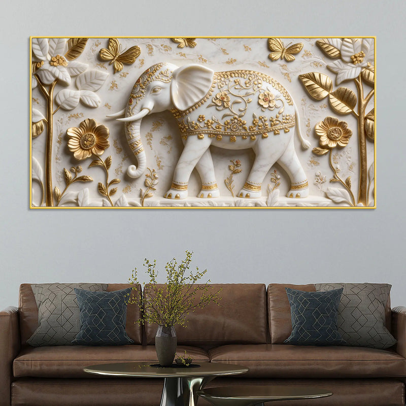 Luxury White & Gold Elephant 3D Canvas Wall Painting